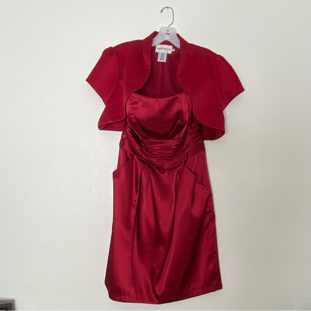 David’s Bridal Knee length, sleeveless dress w/ jacket. Size 10/12, color red.